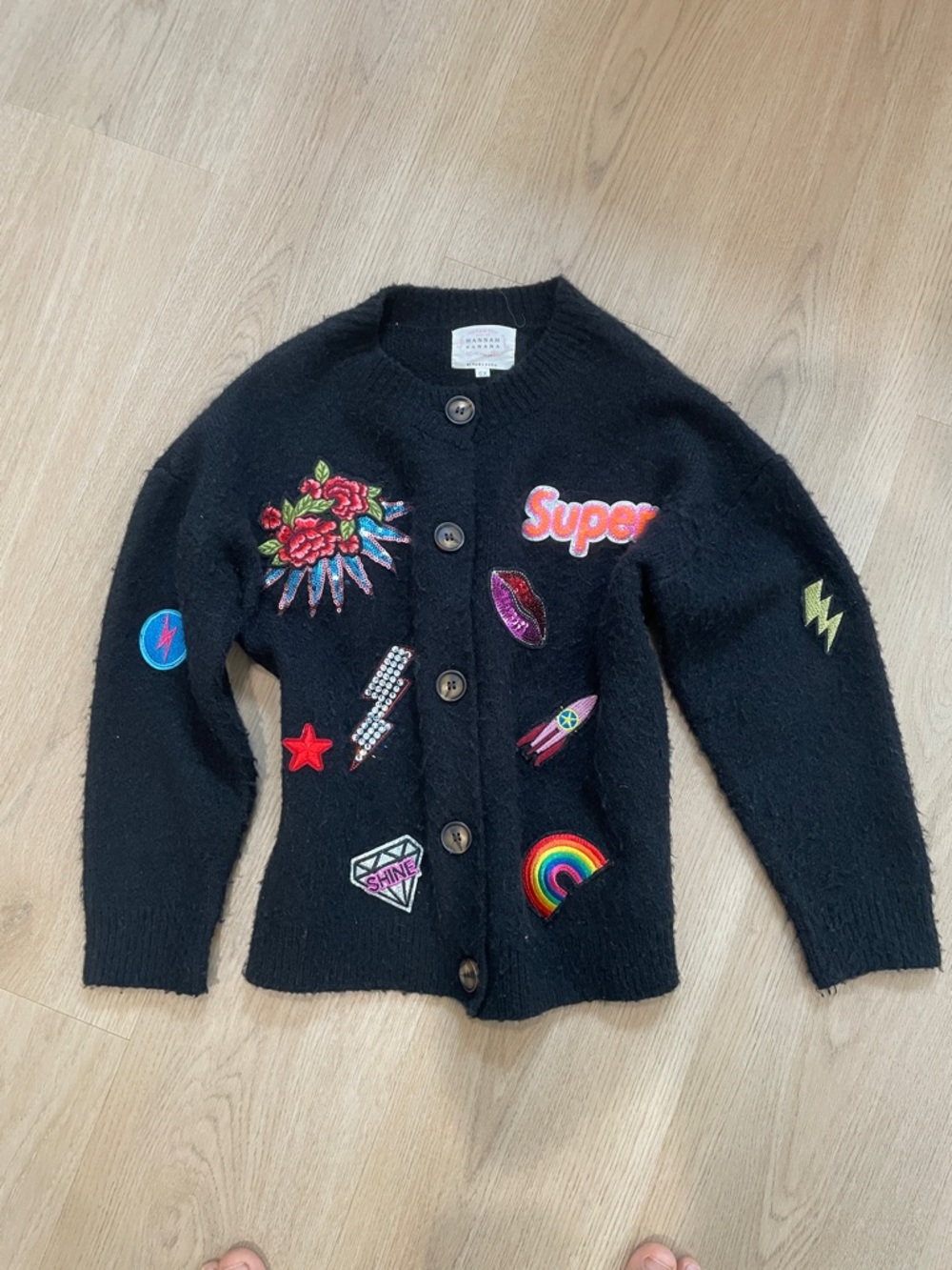 Hannah Banana Black Cardigan with Colorful Patch Accents